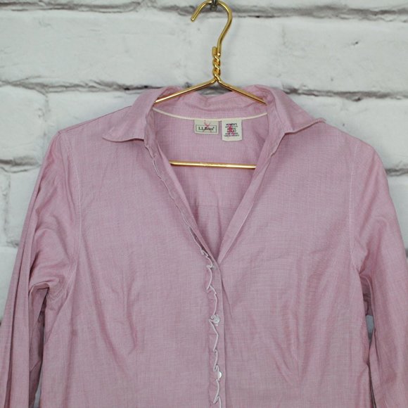 LL Bean Pink Collared V Neck Button Front Ruffle Dress Shirt Size M - Picture 2 of 8